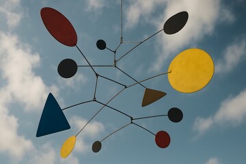 colorful abstract shapes suspended against a cloudy sky.