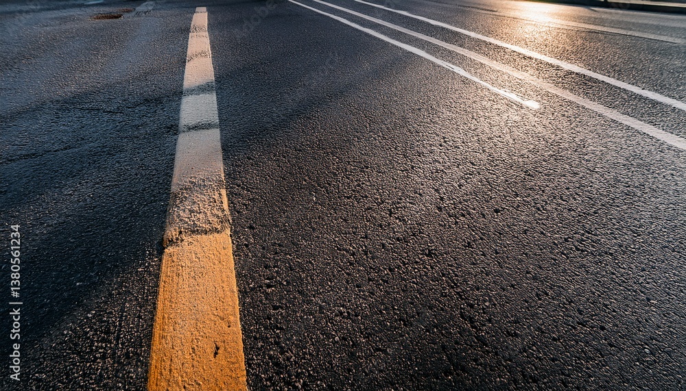 Infrastructure Texture close up view of asphalt textures and worn road markings highlighting ...