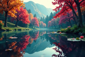 Wall Mural - intricate floral pattern reflected on calm lake surface, flowers, leaves