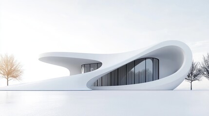 Aufkleber - Modern white futuristic building with smooth curves, large windows, and minimalist design, situated in a serene landscape.
