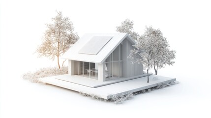 Aufkleber - Modern white house architectural model with solar panels, trees, and landscaping on a white background.
