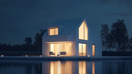 Aufkleber - Modern white house illuminated at night, reflecting on calm lake water.
