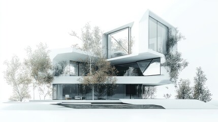 Aufkleber - Modern white house design integrated with nature, showcasing large windows and sleek architecture.
