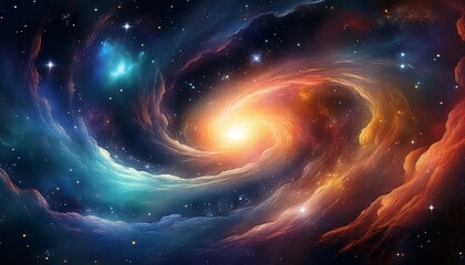 majestic cosmic panorama of a swirling nebula surrounded by glimmering galaxies in the depths of out