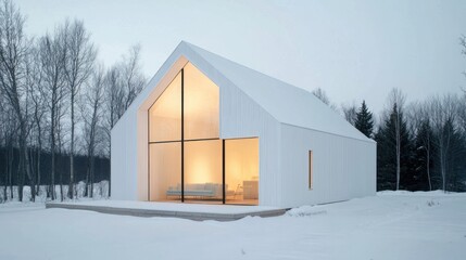Aufkleber - Modern white house with large windows glows warmly in snowy winter landscape.