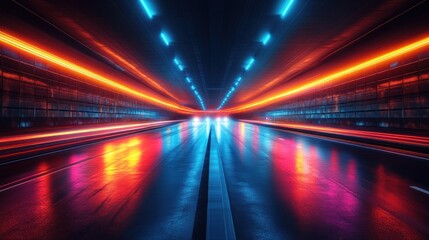 Fototapete - Neon lights illuminate a dark, futuristic tunnel with motion blur.