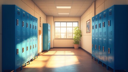   学校のロッカーと廊下の空の風景、モーニングライト、教育施設のインテリア