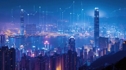 Aufkleber - Night cityscape with glowing skyscrapers and data connections.