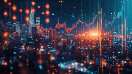 Fototapete - Night cityscape with overlaid financial data graphs and charts showing market trends and fluctuations.