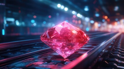 A large, faceted red gemstone resting on railroad tracks