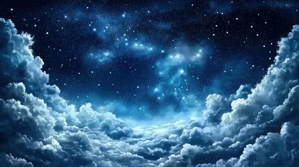 starry night sky with twinkling stars and fluffy white clouds in dark blue cosmic backdrop, creating