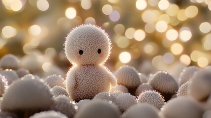 Wall Mural - Whimsical Figurine Surrounded By Soft Mushrooms With Dreamy Bokeh Background