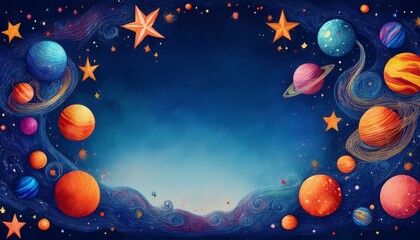 creative and beautiful border frame of bright and colorful stars and planets background, science graphic resource