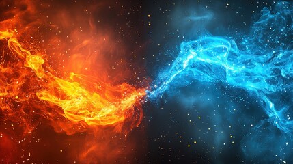 Aufkleber - Abstract fiery wallpaper design with dual elements of red and blue flames blending into swirling smoke, intense color contrast between warm and cool tones. Dynamic background concept for digital art, 