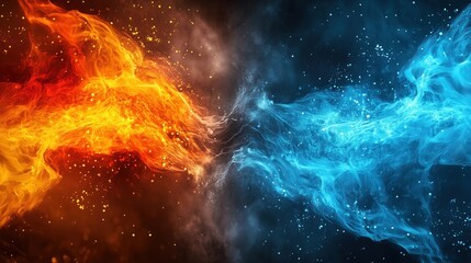 Aufkleber - Abstract fiery wallpaper design with dual elements of red and blue flames blending into swirling smoke, intense color contrast between warm and cool tones. Dynamic background concept for digital art, 