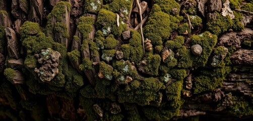 Ancient moss-covered tree trunk, lichen textures, decaying wood, close-up, backdrop