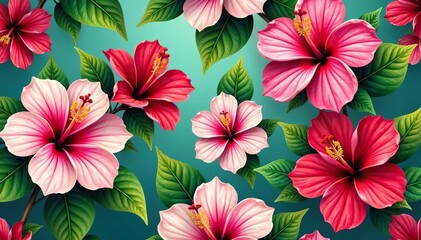Wall Mural - bold, vibrant hibiscus & tropical foliage, seamless repeat, seamless, illustration, print