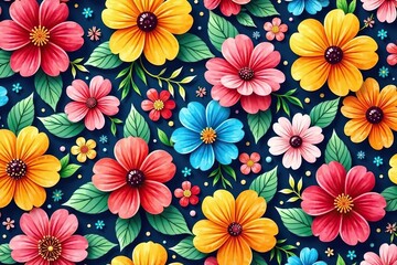 Wall Mural - Intricate floral pattern, vibrant blooms seamlessly repeating, colorful, fabric, illustration