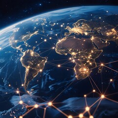 Wall Mural - A breathtaking view of Earth from space, with glowing light connections forming a vast digital network. Satellite signals beam down, linking continents with real-time data exchange. The night side of 