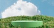 © Ja Creatives - 3d Sunny prairie hills landscape with a cream green circular podium platform for presentation. 3D rendered grassy landscape for nature concept display showcase.