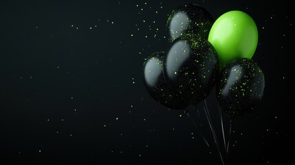 Wall Mural - Green and black balloons with glitter on a dark background, with space for text.