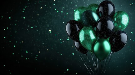 Wall Mural - Green and black balloons with glitter on a dark background, with space for text.