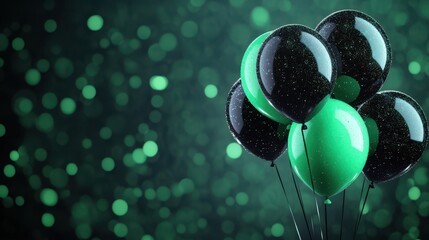 Wall Mural - Green and black balloons with glitter on a dark background, with space for text.