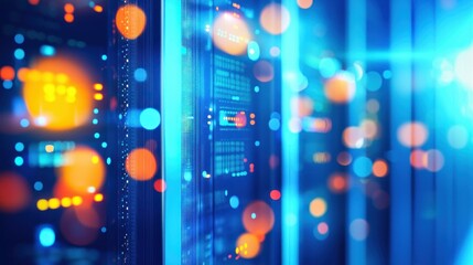 Data servers illuminated in a modern data center, showcasing network technology and connectivity.