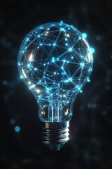 Wall Mural - abstract blue light bulb made of glowing digital lines and dots on a dark background