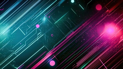 Vibrant neon circuit board with digital lines and dots, an abstract tech illustration.
