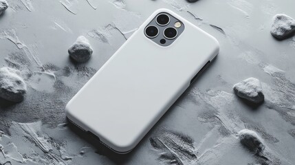 Blank white phone case on textured gray surface with rocks