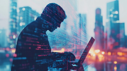 Business and modern technology, double exposure, man programmer coding on laptop computer and smart city with html code, binary on virtual screen, digital software technology development, IoT concept
