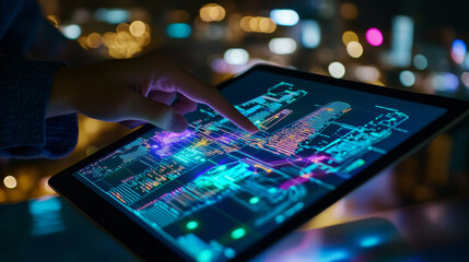 Agile digital software technology development, IoT concept. Man programmer, software developer working on digital tablet and laptop computer with smart city with binary, html computer code on screen