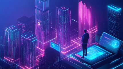 Agile digital software technology development, IoT concept. Man programmer, software developer working on digital tablet and laptop computer with smart city with binary, html computer code on screen