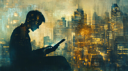 Business and technology, software development, IoT concept. Double exposure of man programmer, software developer working on digital tablet and smart city with binary, html computer code on screen