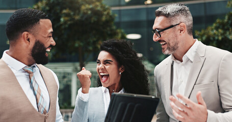 Poster - Collaboration, colleagues and people with tablet, celebration and review of positive feedback for project. Account manager, group and achievement of sales for business, success and tech with info