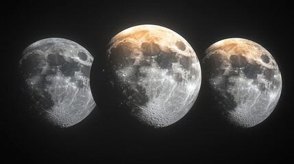 Wall Mural - Three moons illuminated, showing surface textures. Dark background