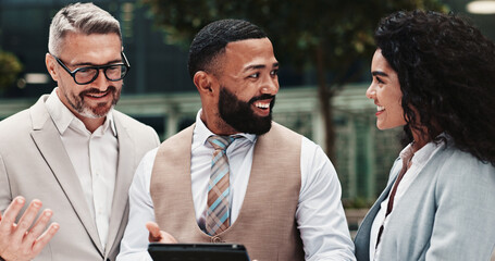 Poster - Outdoor, colleagues and group with tablet, business and review of positive feedback for project and sales. Account manager, people and employees with tech for collaboration, happiness and discussion