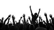 © Shakib - black white excited crowd with raised hands isolated on white background, PNG.