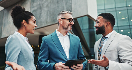 Poster - Ideas, colleagues and group with tablet, business and review of positive feedback for project and outdoor. Account manager, people and employees with tech for collaboration, corporate and discussion