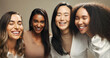 © peopleimages.com - Beauty, laugh and portrait of women in studio for skincare, cosmetics and makeup. Friends, brown background and face of people with natural skin for inclusion, support and glow for facial treatment