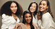 © peopleimages.com - Beauty, happy and portrait of women in studio for skincare, cosmetics and makeup. Friends, brown background and face of people with natural skin for inclusion, support and glow for facial treatment