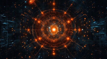 Abstract representation of a network depicted with interconnected orange human icons on a dark blue background