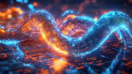 Digital illustration of a glowing blockchain concept with a close-up of a chain made of binary code