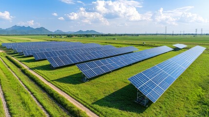 Aerial drone view of a vast solar photovoltaic power plant located in a picturesque green countryside landscape with rolling hills blue sky and white clouds