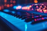Close up of an electronic keyboard instrument with colorful stage lights reflecting on its shiny surface during a music concert