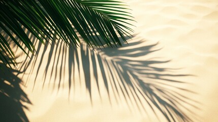 Wall Mural - tropical palm leaf casts delicate shadow on soft beige background, creating serene and minimalist bo