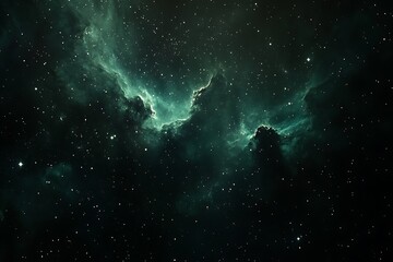 emerald nebula's serene embrace: a cosmic dance of teal and dark, star-dusted skies.