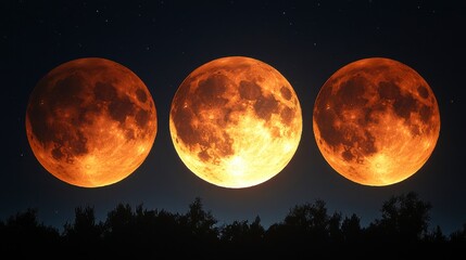 Wall Mural - Three glowing moons over silhouetted trees at night against a dark, starry sky