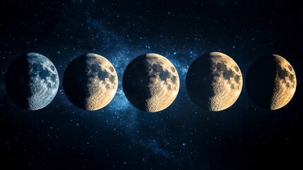 Wall Mural - Lunar phases sequence. Stages from left to right, against dark stellar background